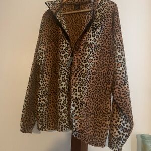 Plush Leopard Print Zip-Up Jacket
